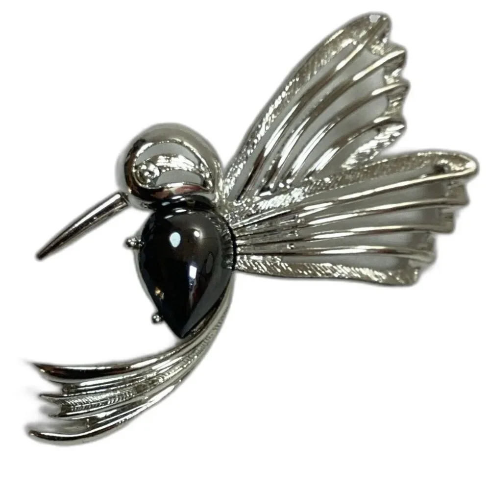 Vtg Judy Lee Hummingbird Brooch Silver Tone Black Polished Stone Bird Pin Signed